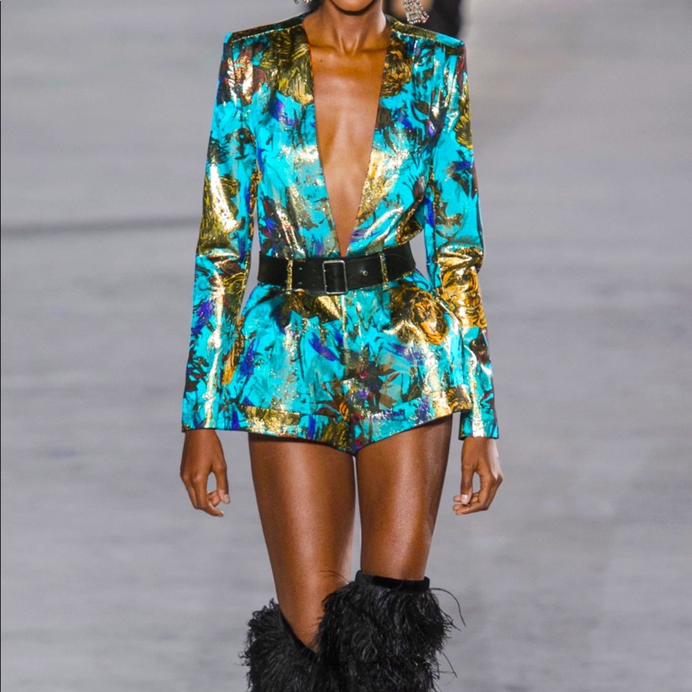 Saint Laurent Blue Gold Lame Brocade Playsuit